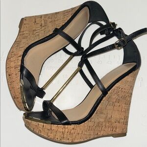 Black & Gold Cork Wedges, Size 7